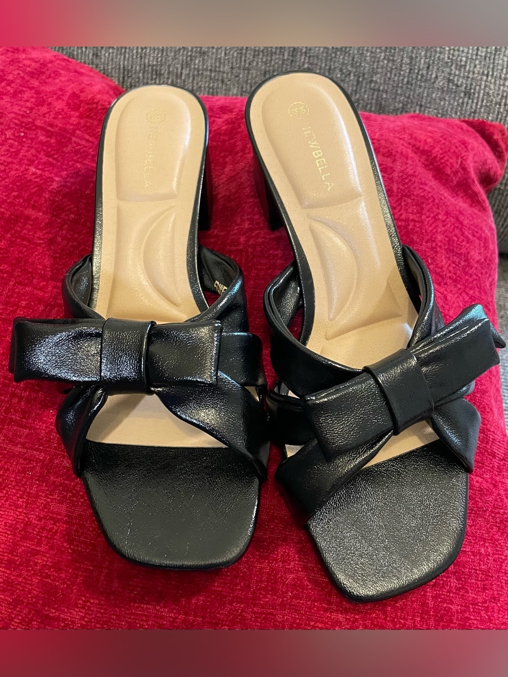 NY Bella Black Bow Block Heel Slide Sandals